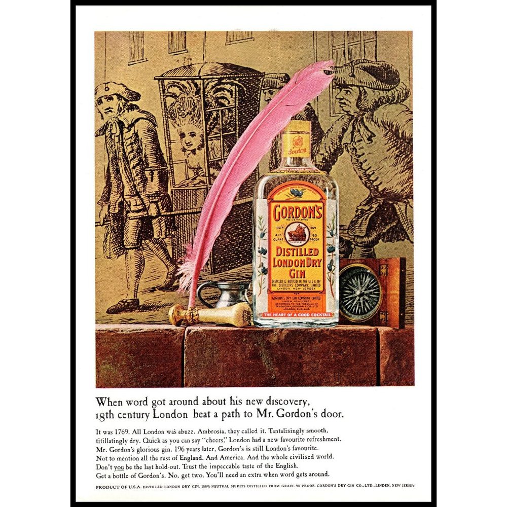 1965 Gordon's London Dry Gin Vintage Print Ad Pink Feather Quill Wall Art Photo
